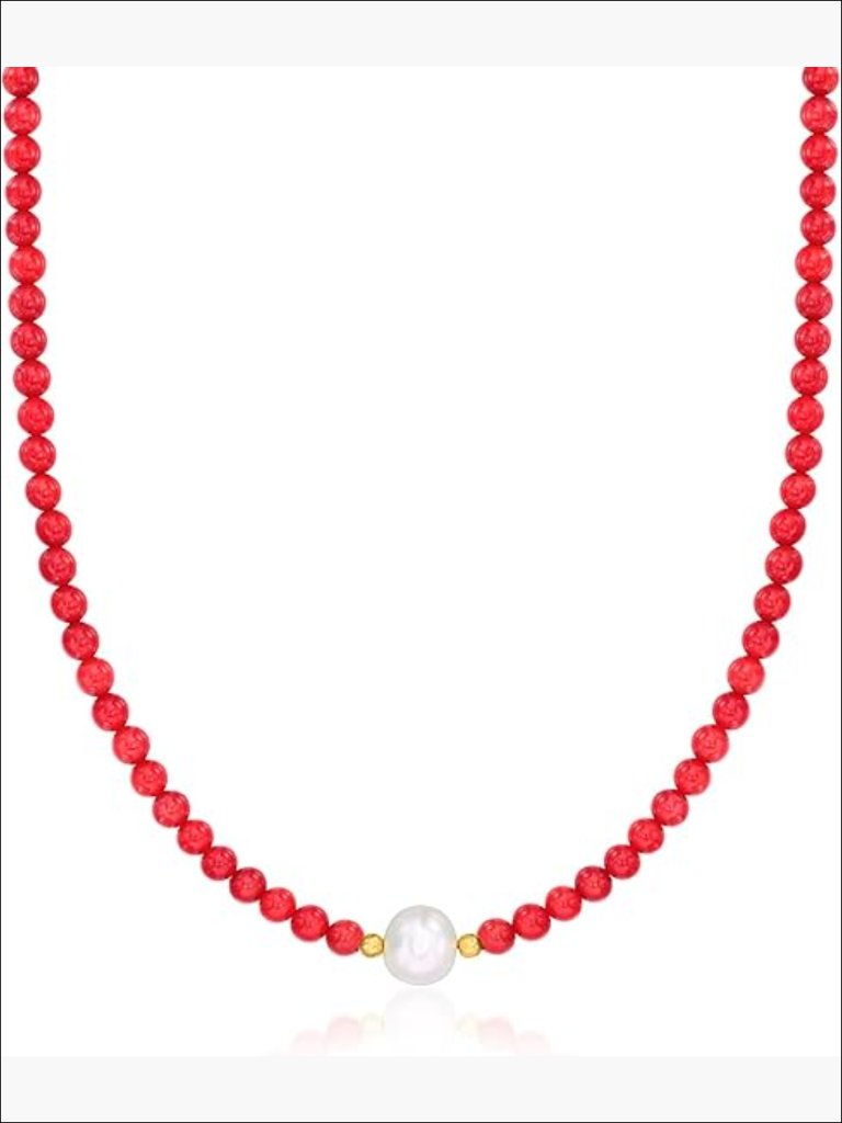 Cultured Pearl And Red Coral Bead Necklace 18kt Gold Over Sterling